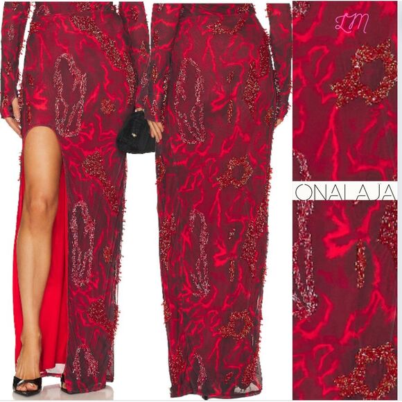 Onalaja Revolve Zusi Maxi Skirt Size Large Red Multi - Picture 1 of 10